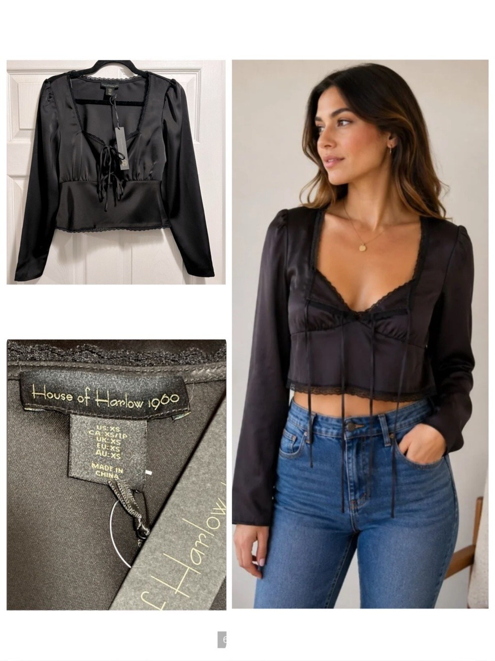 NWT House of Harlow 1960 Black Blouse Tie Front  Lace Trim Satin Top Size XS